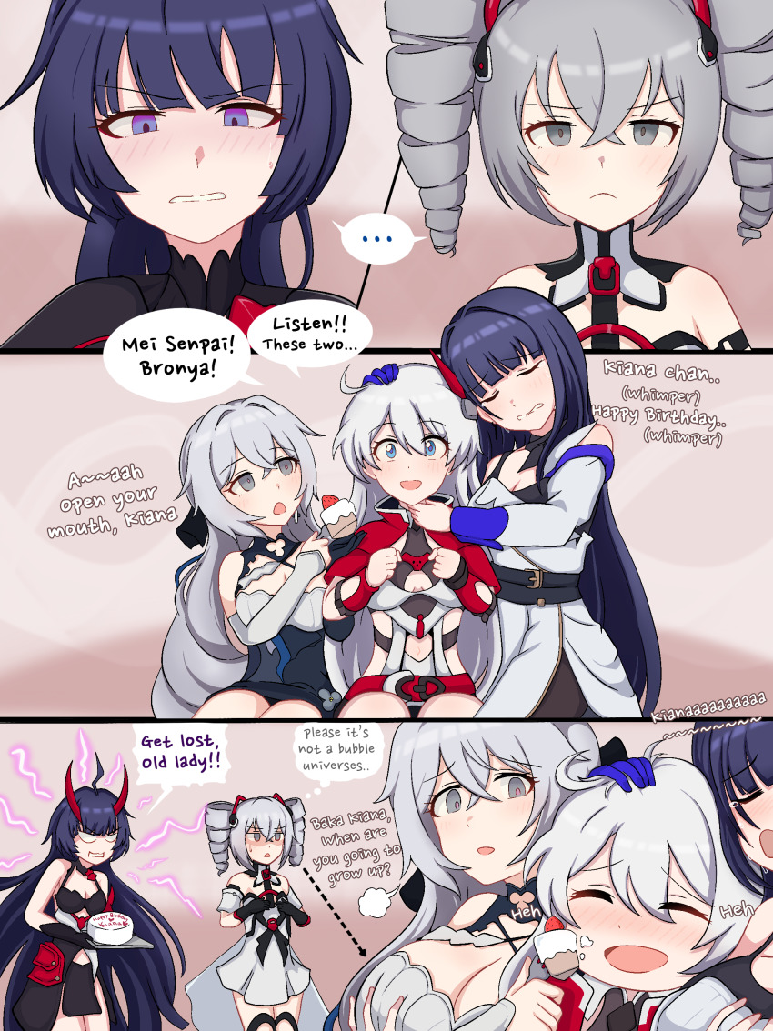 ..., 5girls, absurdres, angry, birthday_cake, black_gloves, blue_eyes, blush