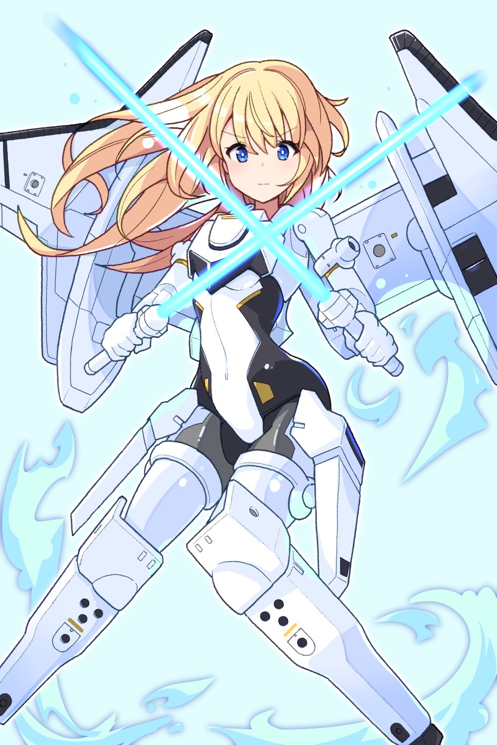 1girl, armored_boots, arnval, black_bodysuit, blonde_hair, blue_eyes, bodysuit, boots