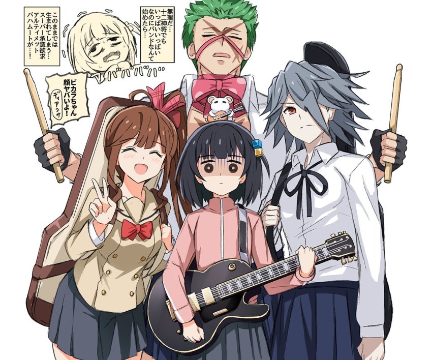 2boys, 2girls, ^_^, animal, animal_on_head, baal_(granblue_fantasy), black_gloves, black_hair