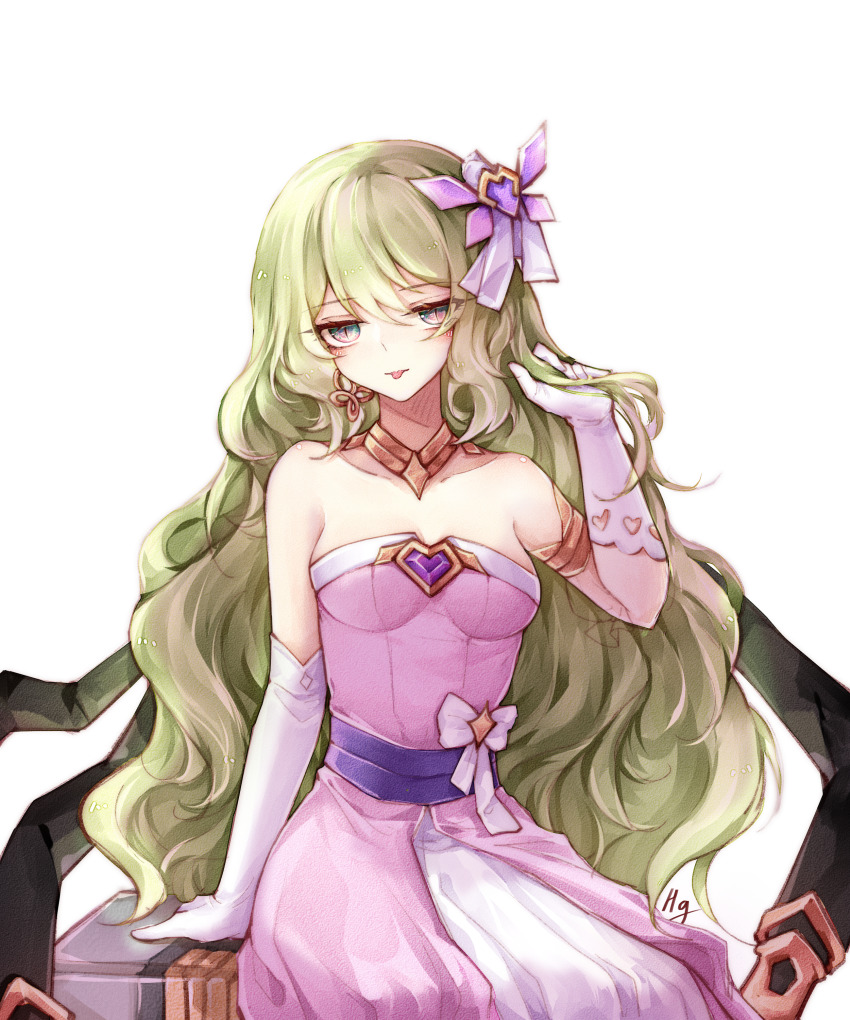 absurdres, breasts, dress, gloves, green_hair, highres, holding, holding_own_hair