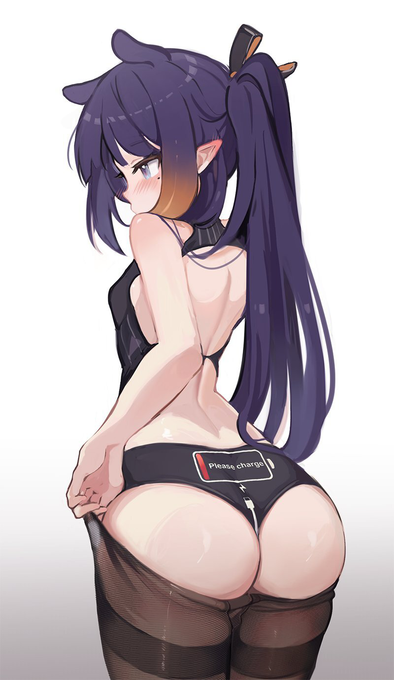 1girl, ass, ass_support, back-print_panties, black_panties, black_pantyhose, black_ribbon, blue_eyes