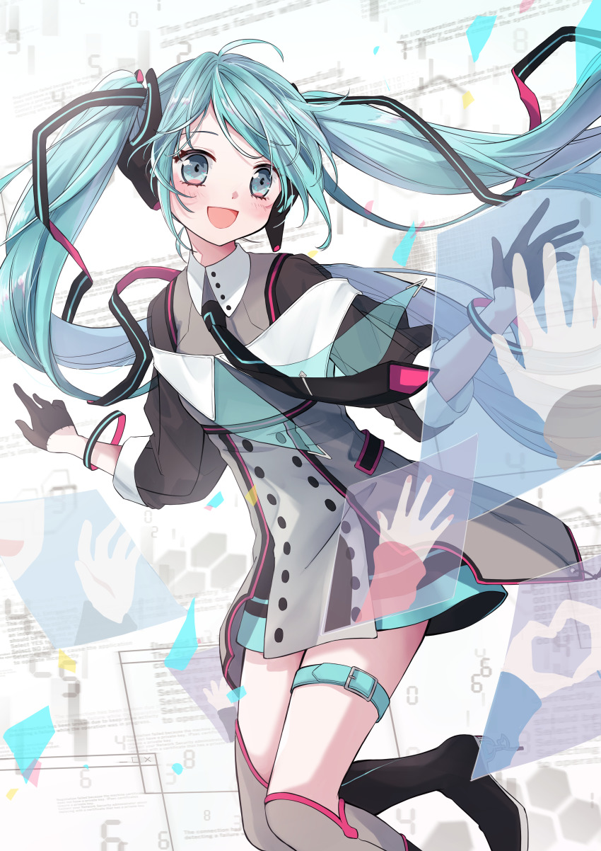 1girl, :d, absurdres, belt, blue_hair, blush, boots, bracelet