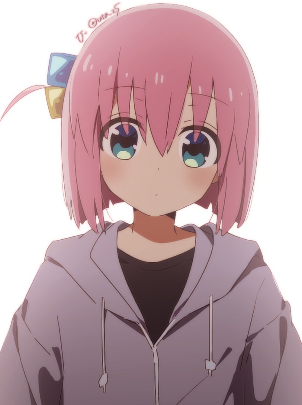 1girl, aged_down, black_shirt, blue_eyes, bocchi_the_rock!, closed_mouth, cube_hair_ornament, dot_nose, drawstring, gotoh_hitori, grey_hoodie, grey_jacket, hair_ornament, highres, hood, hooded_jacket, hoodie, jacket, looking_at_viewer, one_side_up, pink_hair, shirt, short_hair, simple_background, solo, twitter_username, uta_25, white_background