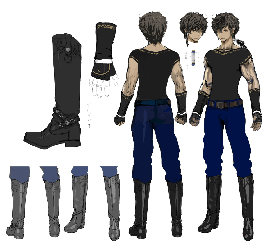 1boy, albaird_bergholm, belt, black_footwear, black_gloves, black_shirt, boots, brown_belt, brown_eyes, brown_hair, reference_sheet, dark-skinned_male, dark_skin, fingerless_gloves, gloves, hair_behind_ear, hair_over_one_eye, highres, male_focus, multiple_views, muscular, muscular_male, official_art, one_eye_covered, production_art, shirt, sleeveless, sleeveless_shirt, star_ocean, star_ocean:_the_divine_force, white_background, yasuda_akira