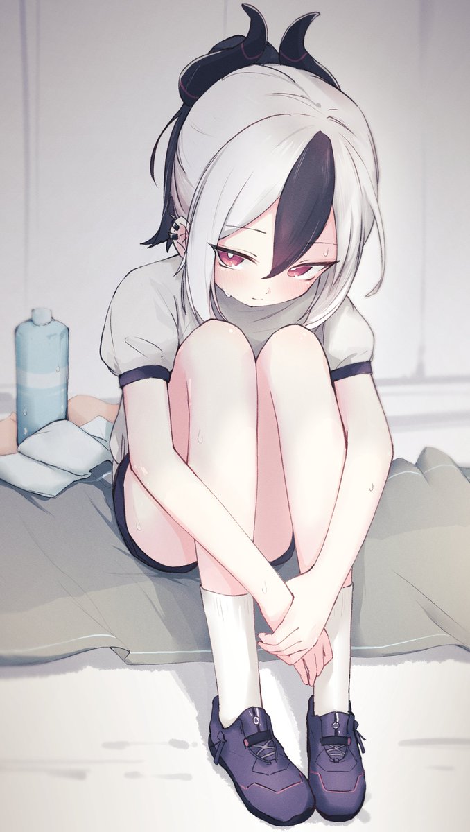 1girl, alternate_costume, bare_legs, black_hair, blue_archive, blush, bottle, bright_pupils, buruma, curled_horns, ear_piercing, full_body, gumi_(guminghc), gym_shirt, highres, horns, hugging_own_legs, kayoko_(blue_archive), looking_at_viewer, mat, multicolored_hair, own_hands_together, piercing, red_eyes, shirt, shoes, sitting, sneakers, socks, solo, streaked_hair, sweatdrop, water_bottle, white_hair, white_socks
