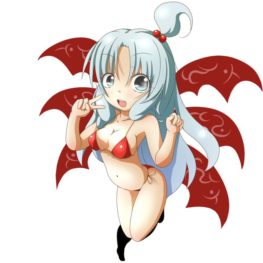 1girl, bikini, blue_eyes, blue_hair, female_focus, hair_bobbles, hair_ornament, highres, himenomikan, long_hair, matching_hair/eyes, multiple_wings, mystic_square, red_bikini, shinki_(touhou), side_ponytail, solo, swimsuit, touhou, touhou_(pc-98), v, wings