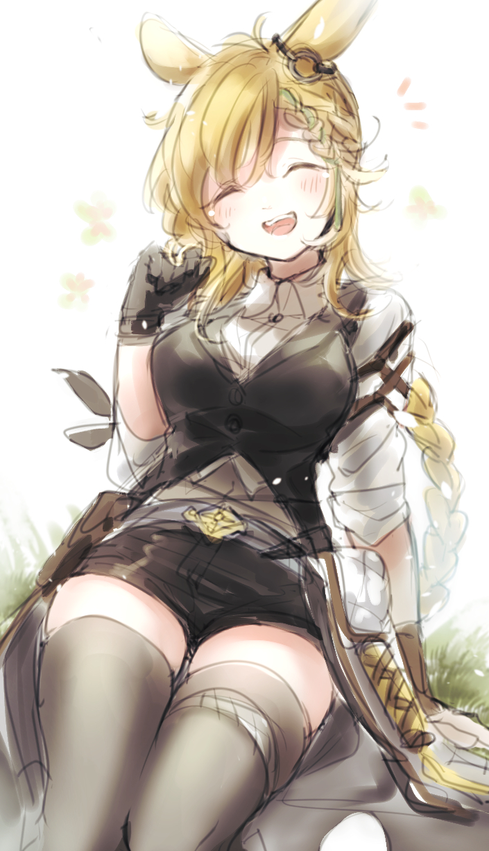 1girl, :d, ^_^, animal_ears, arknights, black_gloves, black_shorts, black_thighhighs