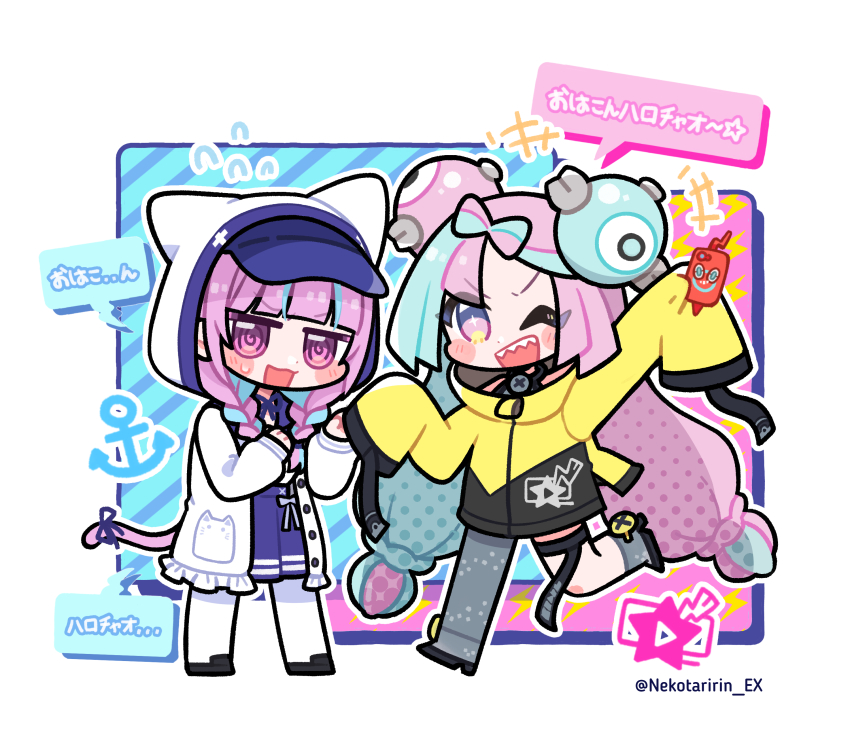 2girls, absurdres, blue_hair, bow-shaped_hair, character_hair_ornament, chibi, colored_inner_hair, crossover