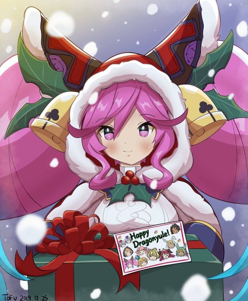 alex_(dragalia_lost), artist_name, bell, big_hair, box, christmas, cleo_(christmas)_(dragalia_lost), cleo_(dragalia_lost)