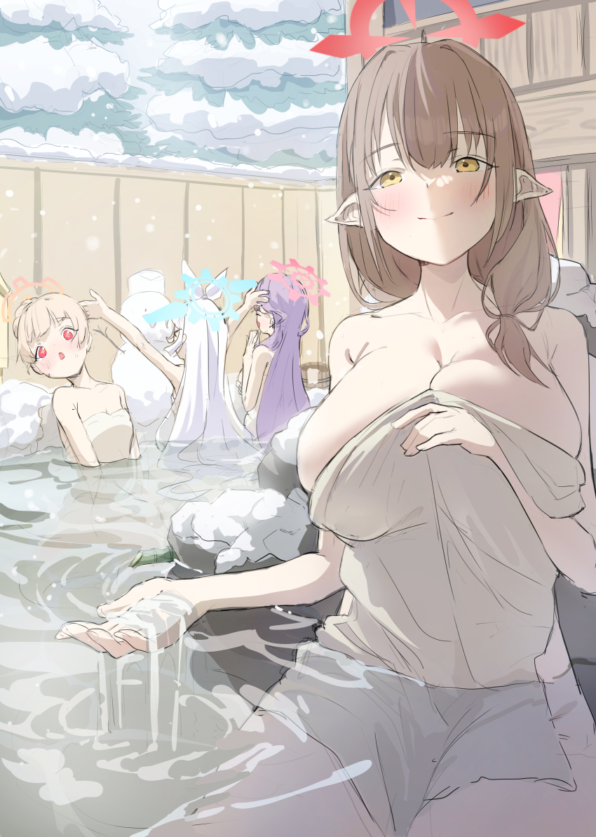 4girls, absurdres, applepie_(12711019), blonde_hair, blue_archive, blush, breasts, brown_hair