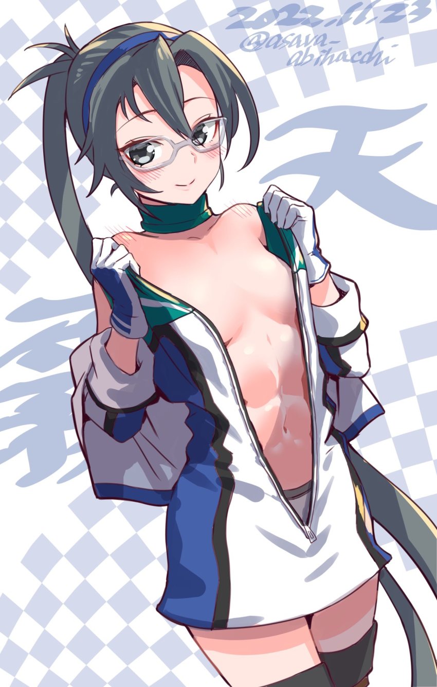 1girl, abs, akebono_(kancolle), akebono_(kancolle)_(cosplay), amagiri_(kancolle), asava_(hutaitenn), asymmetrical_bangs, black_thighhighs, blue_hairband, breasts, character_name, checkered_background, cosplay, dated, dress, glasses, grey_eyes, grey_hair, hair_between_eyes, hairband, highres, kantai_collection, long_hair, multicolored_dress, open_clothes, open_dress, ponytail, small_breasts, solo, thighhighs, twitter_username, very_long_hair, white_dress