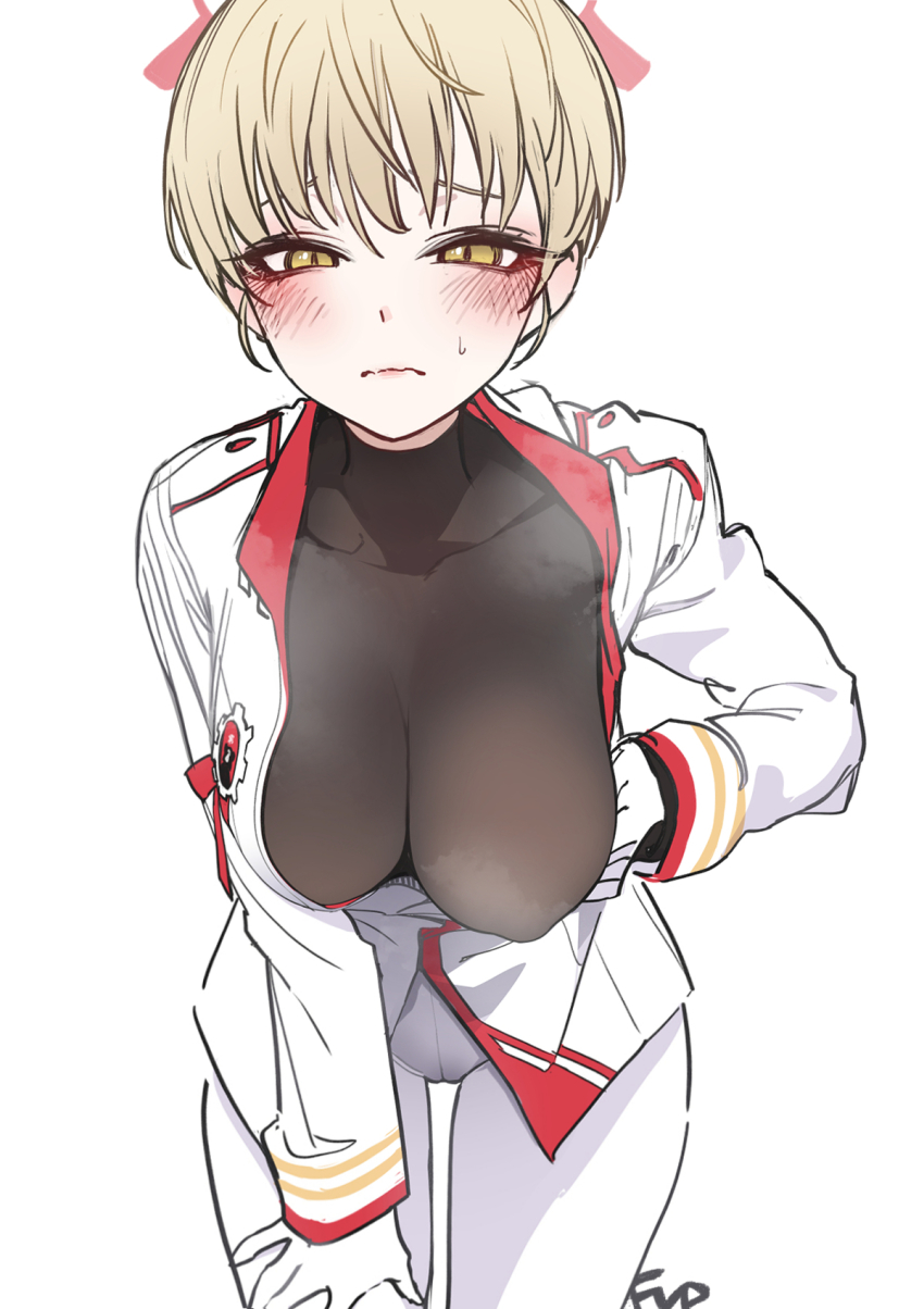 1girl, black_bodysuit, blonde_hair, blue_archive, blush, bodysuit, breasts, cameltoe