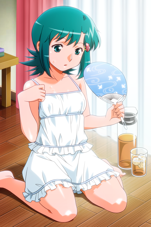 1girl, aqua_eyes, aqua_hair, barefoot, cup, curtains, dress, drink, drinking_glass, fanning_self, hair_ornament, hand_fan, heart, heart_hair_ornament, holding, holding_fan, ice, ice_cube, indoors, kozue_hinako, non-web_source, official_art, photoshop_(medium), short_dress, sitting, solo, spaghetti_strap, super_real_mahjong, sweat, tanaka_ryou, wariza, white_dress, wooden_floor