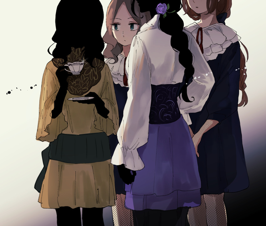 4girls, black_hair, black_skin, blonde_hair, blue_dress, bow, braid, braided_ponytail