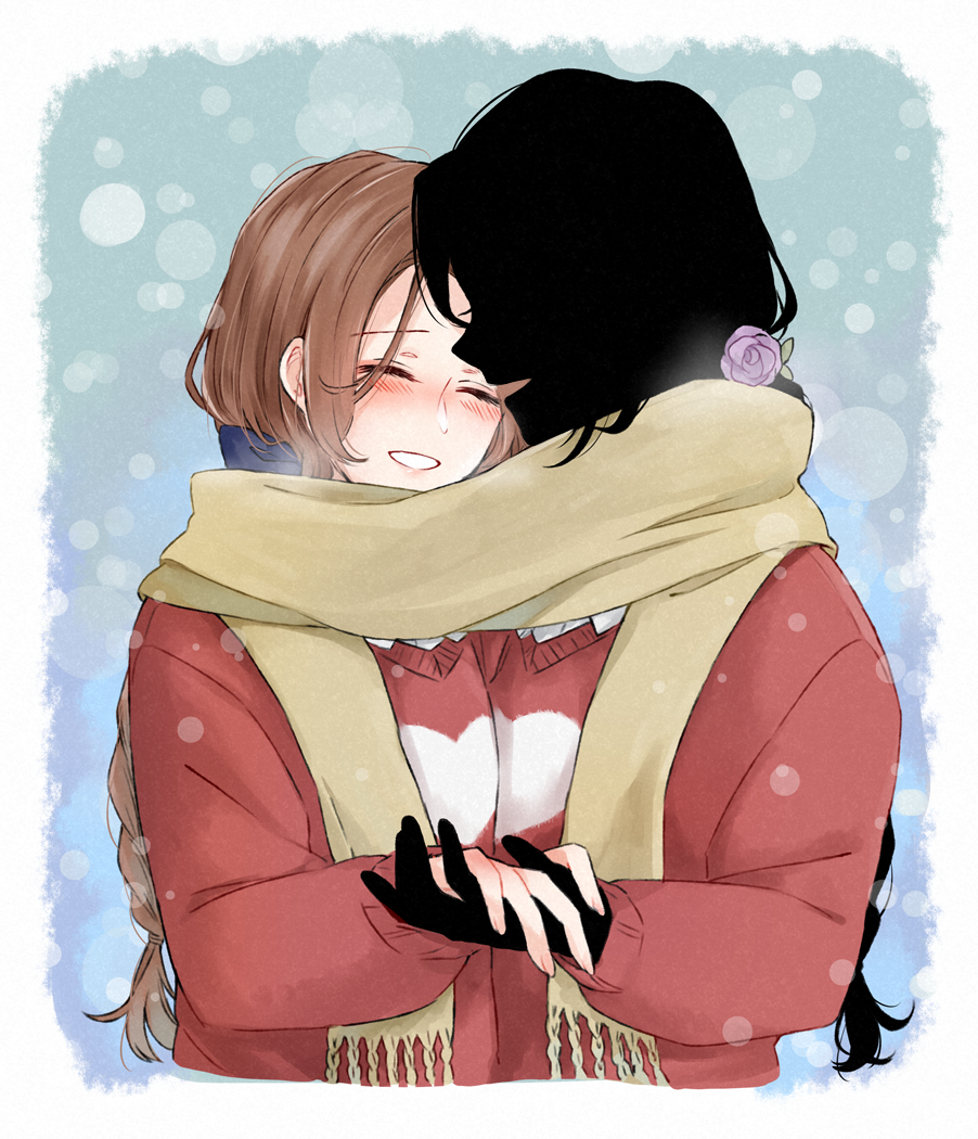 2girls, black_hair, black_skin, blush, bow, braid, brown_hair, closed_eyes