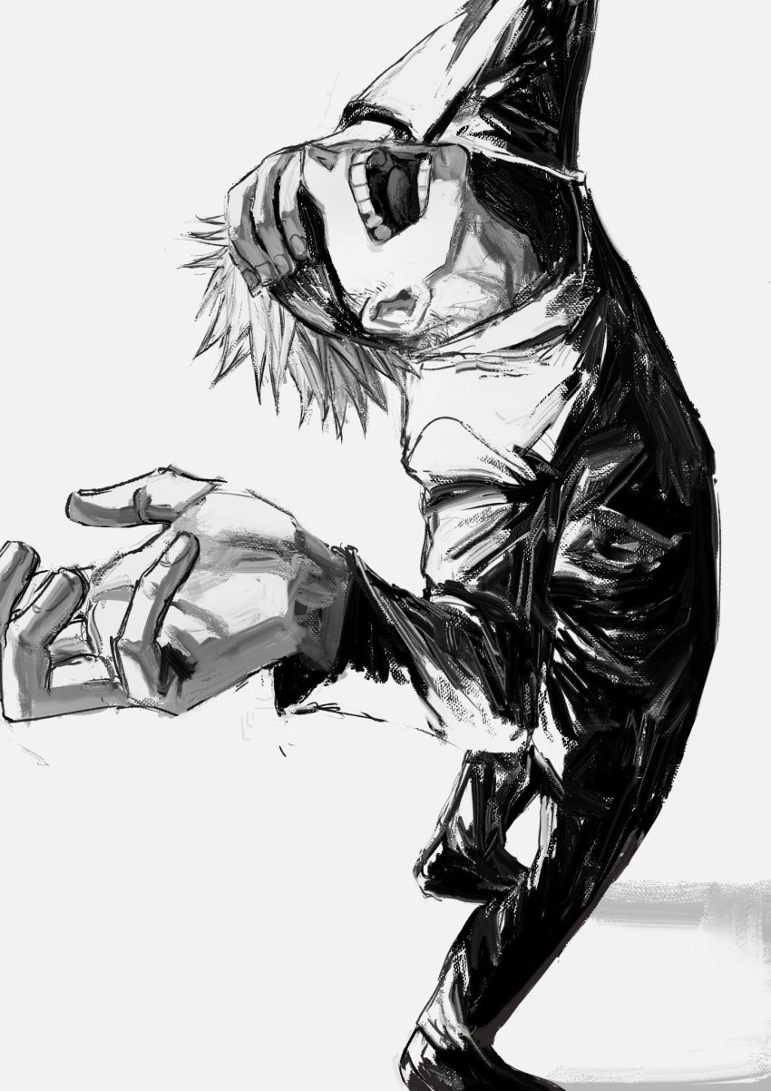 1boy, arm_up, blindfold, covered_eyes, full_body, gojo_satoru, greyscale, hand_on_own_face