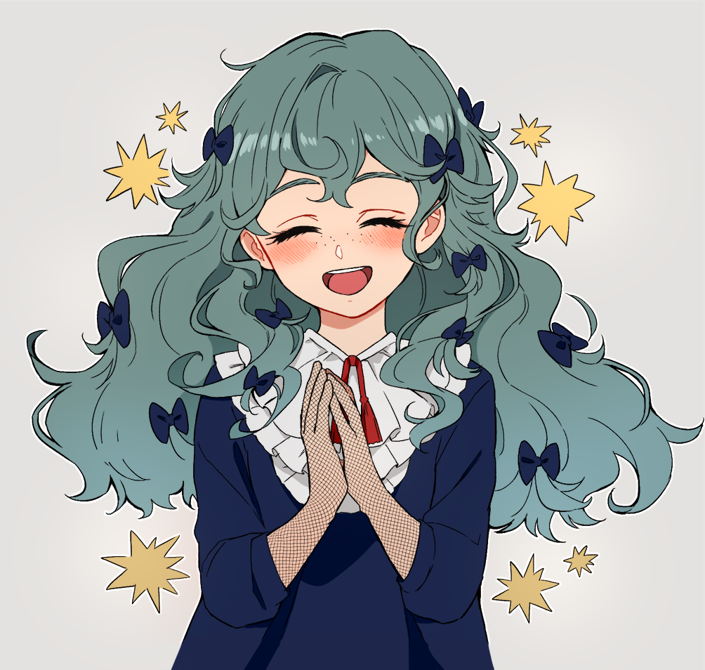 1girl, barbie_(shadows_house), blue_dress, blush, closed_eyes, curly_hair, dress, freckles, green_hair, hair_between_eyes, hanasaki_nm, long_hair, open_mouth, own_hands_together, shadows_house, sidelocks, smile, solo, upper_body