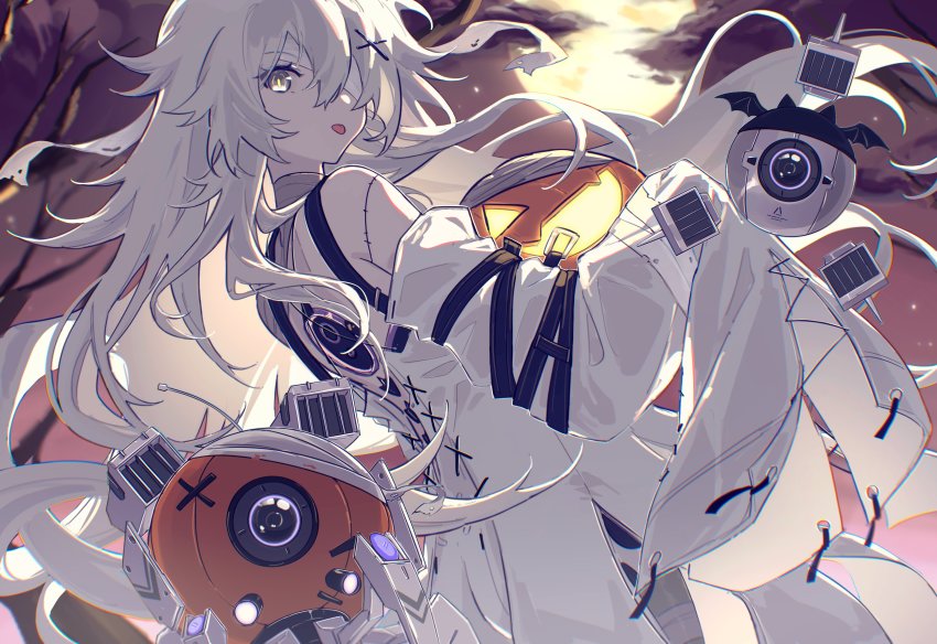 absurdres, bandages, bat_wings, belt, cloud, costume, full_moon, hair_ornament