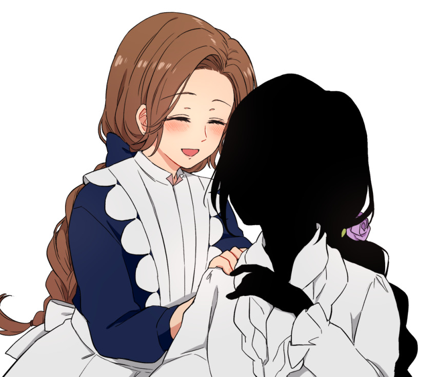 2girls, apron, black_hair, black_skin, blue_dress, blush, bow, braid