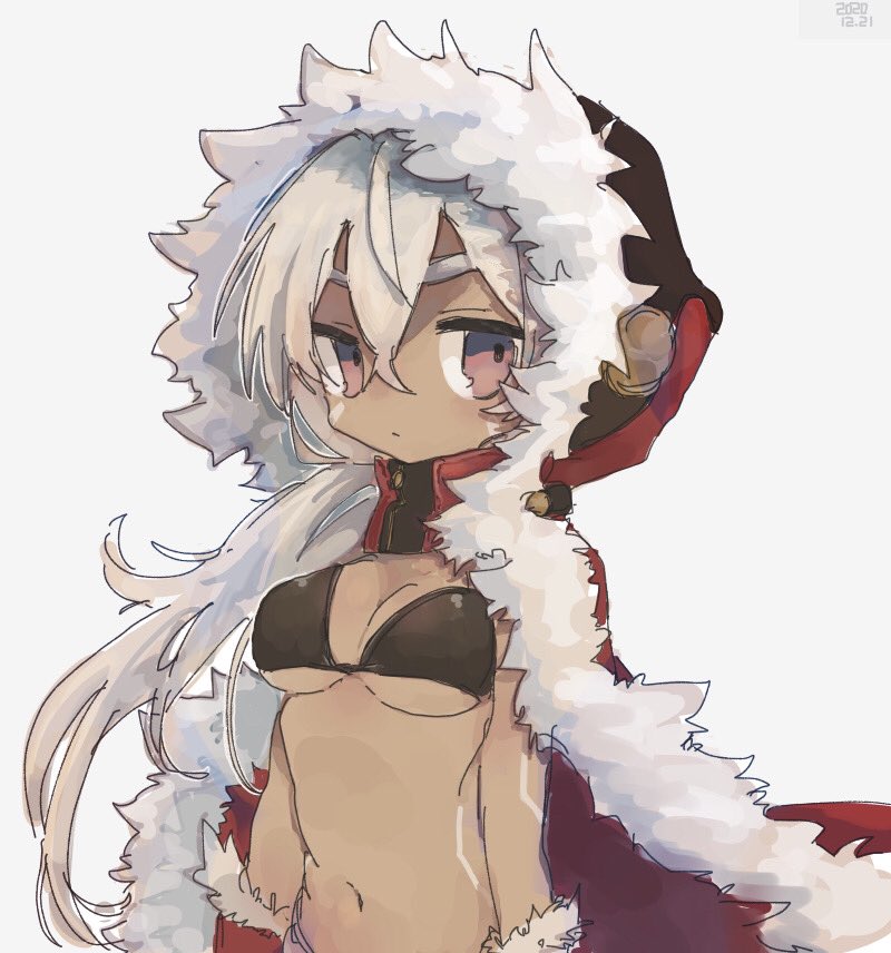 1girl, azur_lane, bikini, bikini_under_clothes, black_bikini, bodypaint, breasts, brown_eyes, cape, closed_mouth, commentary, crossed_bangs, dark-skinned_female, dark_skin, expressionless, fur-trimmed_cape, fur-trimmed_gloves, fur_trim, gloves, hair_between_eyes, hood, hood_up, hooded_cape, long_hair, looking_at_viewer, medium_breasts, midriff, minneapolis_(azur_lane), minneapolis_(holy_night_ride)_(azur_lane), navel, red_cape, red_gloves, simple_background, solo, swimsuit, touka_13, upper_body, very_long_hair, white_background, white_hair