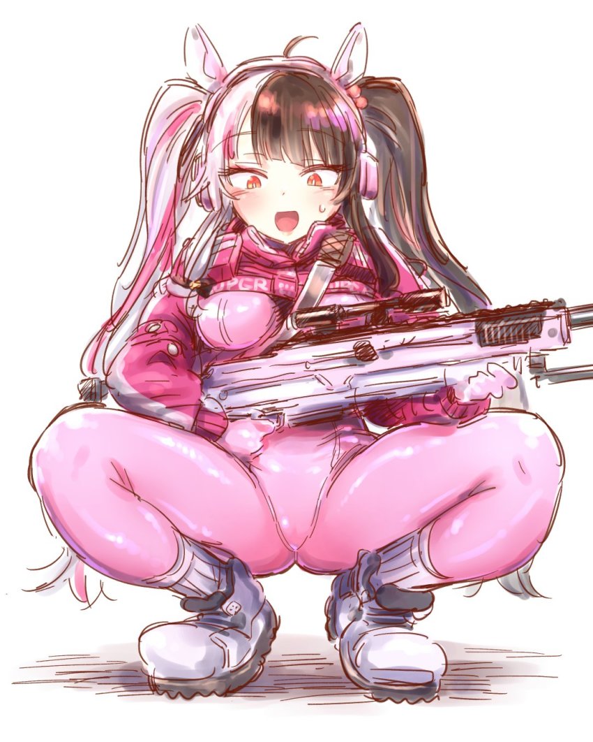 1girl, alice_(nikke), alice_(nikke)_(cosplay), animal_ear_headphones, animal_ears, black_hair, blush, bodysuit, breasts, cosplay, covered_navel, cropped_jacket, fake_animal_ears, full_body, fuwa_uneuchi, gloves, goddess_of_victory:_nikke, gun, headphones, headset, highres, holding, holding_gun, holding_weapon, impossible_bodysuit, impossible_clothes, latex, latex_bodysuit, long_hair, medium_breasts, multicolored_hair, nijisanji, open_mouth, pink_bodysuit, pink_gloves, red_eyes, red_hair, rifle, shoes, skin_tight, sneakers, solo, split-color_hair, spread_legs, squatting, streaked_hair, thighs, tiptoes, twintails, two-tone_hair, virtual_youtuber, weapon, white_hair, yorumi_rena