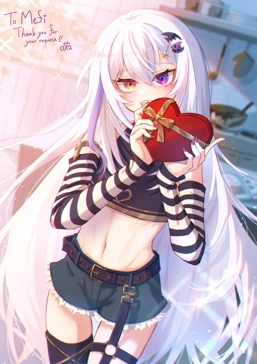 1boy, :d, belt, blurry, blurry_background, box, commentary_request, commission, crop_top, cutoffs, day, detached_sleeves, english_text, hair_between_eyes, hair_ornament, hairclip, heart-shaped_box, heterochromia, highres, indie_virtual_youtuber, indoors, kitchen, long_hair, long_sleeves, looking_at_viewer, male_focus, mefelis_hex, midriff, nail_polish, navel, o-ring, o-ring_thigh_strap, open_mouth, orange_eyes, purple_eyes, purple_nails, short_shorts, shorts, single_thighhigh, skeb_commission, smile, solo, striped_sleeves, thigh_gap, thigh_strap, thighhighs, trap, valentine, very_long_hair, virtual_youtuber, yui_(yuuuuuui)
