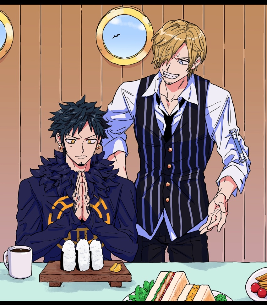 2boys, black_hair, blonde_hair, blue_eyes, cigarette, coffee, dinner, earrings, facial_hair, food, fur_collar, grin, hair_over_one_eye, highres, indoors, jewelry, long_sleeves, multiple_boys, necktie, one_piece, onigiri, palms_together, sandwich, sanji_(one_piece), shirt, smile, trafalgar_law, vest, yakumo_(ykm), yellow_eyes