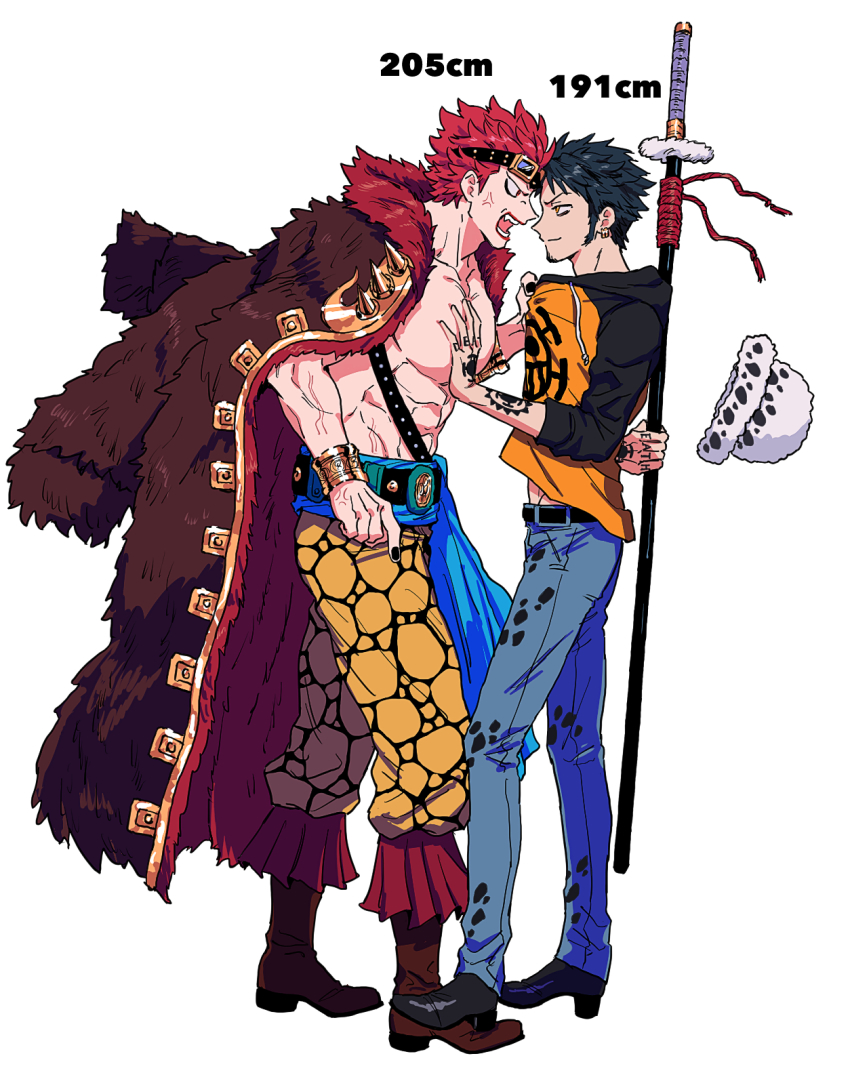 2boys, anger_vein, angry, arm_tattoo, black_hair, black_nails, clothes_grab, coat