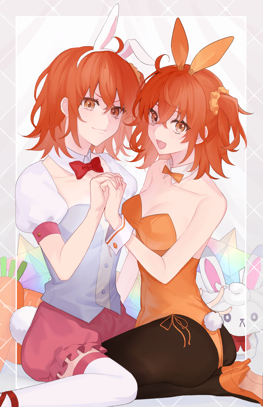 animal_ears, bow, bowtie, detached_collar, fake_animal_ears, fake_tail, fate/grand_order, fate_(series), fishnet_pantyhose, fishnets, fujimaru_ritsuka_(female), fujimaru_ritsuka_(female)_(the_chara_cafe), hair_ornament, hair_scrunchie, highleg, highleg_leotard, highres, leotard, orange_hair, orange_scrunchie, pantyhose, playboy_bunny, rabbit_ears, ringo_2000, scrunchie, strapless, strapless_leotard, tail, wrist_cuffs, yellow_scrunchie