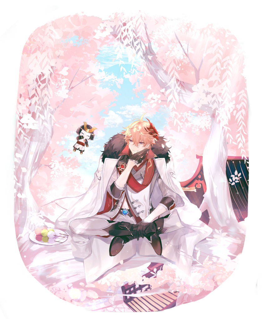 1boy, absurdres, ahoge, architecture, black_boots, blue_eyes, blue_sky, boots