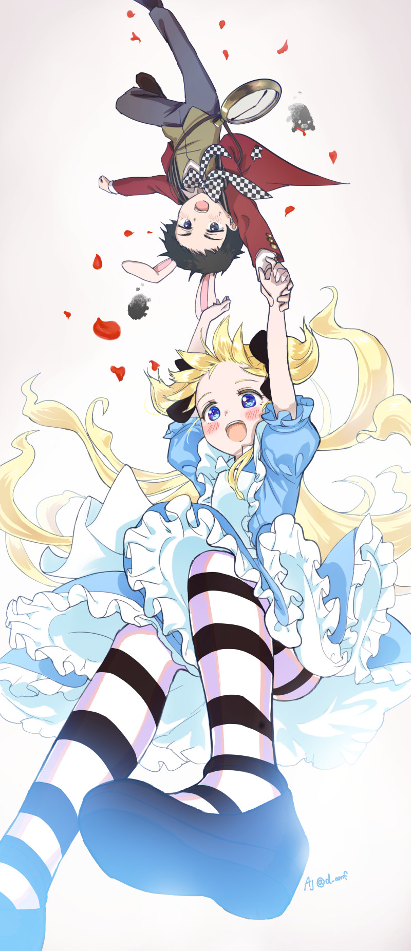 1boy, 1girl, alice_(alice_in_wonderland), alice_(alice_in_wonderland)_(cosplay), alice's_adventures_in_wonderland, animal_ears, apron, asksj, black_bow, blonde_hair, blue_dress, blue_eyes, blunt_bangs, blush, bow, clock, cosplay, dress, emilico_(shadows_house), falling, falling_petals, frills, grey_pants, hair_bow, hat, highres, interlocked_fingers, jacket, long_hair, open_mouth, pants, petals, pocket_watch, puffy_short_sleeves, puffy_sleeves, rabbit_ears, red_jacket, ribbon, shadows_house, shaun_(shadows_house), shoes, short_sleeves, smile, solo, striped, thighhighs, two_side_up, watch, white_rabbit_(alice_in_wonderland), white_rabbit_(alice_in_wonderland)_(cosplay)