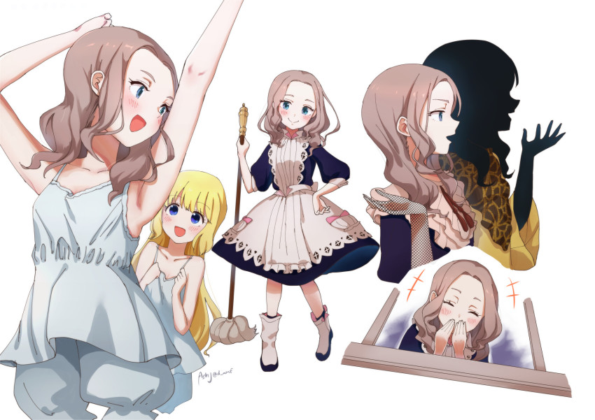 3girls, apron, asksj, black_hair, black_skin, blonde_hair, bloomers, blue_dress, blue_eyes, blunt_bangs, blush, bow, brown_hair, colored_skin, dress, emilico_(shadows_house), hair_bow, hair_ornament, highres, holding, holding_mop, long_hair, long_sleeves, looking_at_viewer, medium_hair, mia_(shadows_house), mop, multiple_girls, open_mouth, ribbon, sara_(shadows_house), shadow_(shadows_house), shadows_house, shirt, smile, standing, two_side_up, underwear, white_apron, white_bloomers, white_shirt, yellow_dress