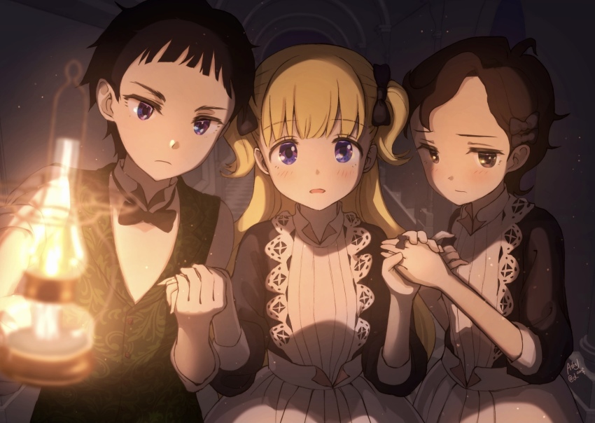 1boy, 2girls, apron, asksj, black_bow, black_hair, blonde_hair, blue_bow