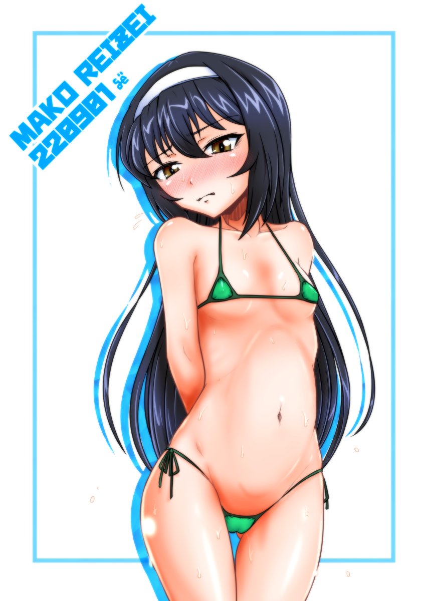 1girl, arms_behind_back, ayanagi_gumimi, bikini, black_hair, blush, brown_eyes, cameltoe