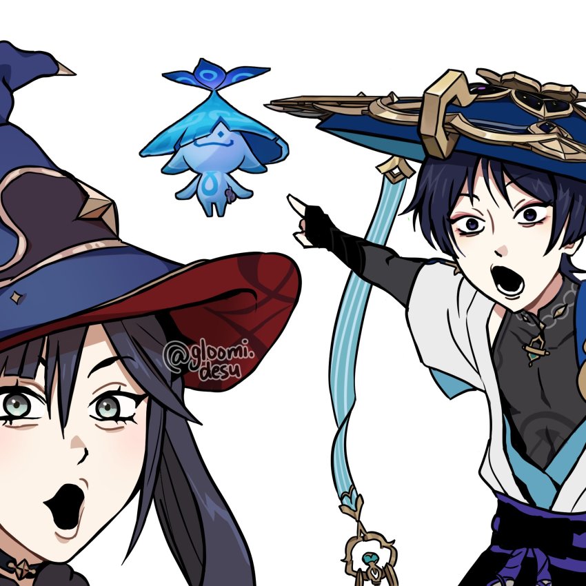 1boy, 1girl, ararycan_(genshin_impact), black_bodysuit, bodysuit, genshin_impact, gloomidesu, gold_trim