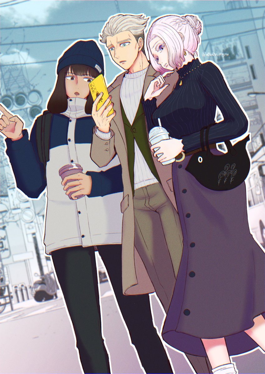 1girl, 2boys, bag, belt, black_hair, blonde_hair, casual, coat, cup, edward_(shadows_house), eileen_(shadows_house), gerald_(shadows_house), hat, highres, holding, jacket, long_skirt, long_sleeves, multiple_boys, nomayu, pants, phone, pointing, shadows_house, short_hair, skirt, standing, turtleneck, white_hair, winter_clothes