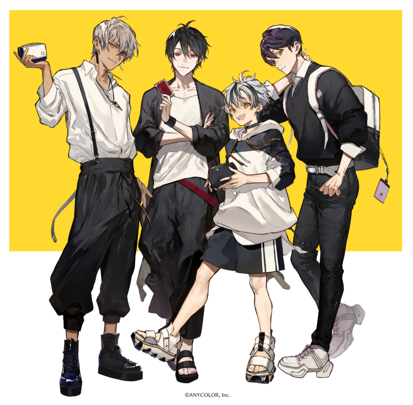 4boys, ahoge, backpack, bag, belt, black_cardigan, black_hair, black_overalls