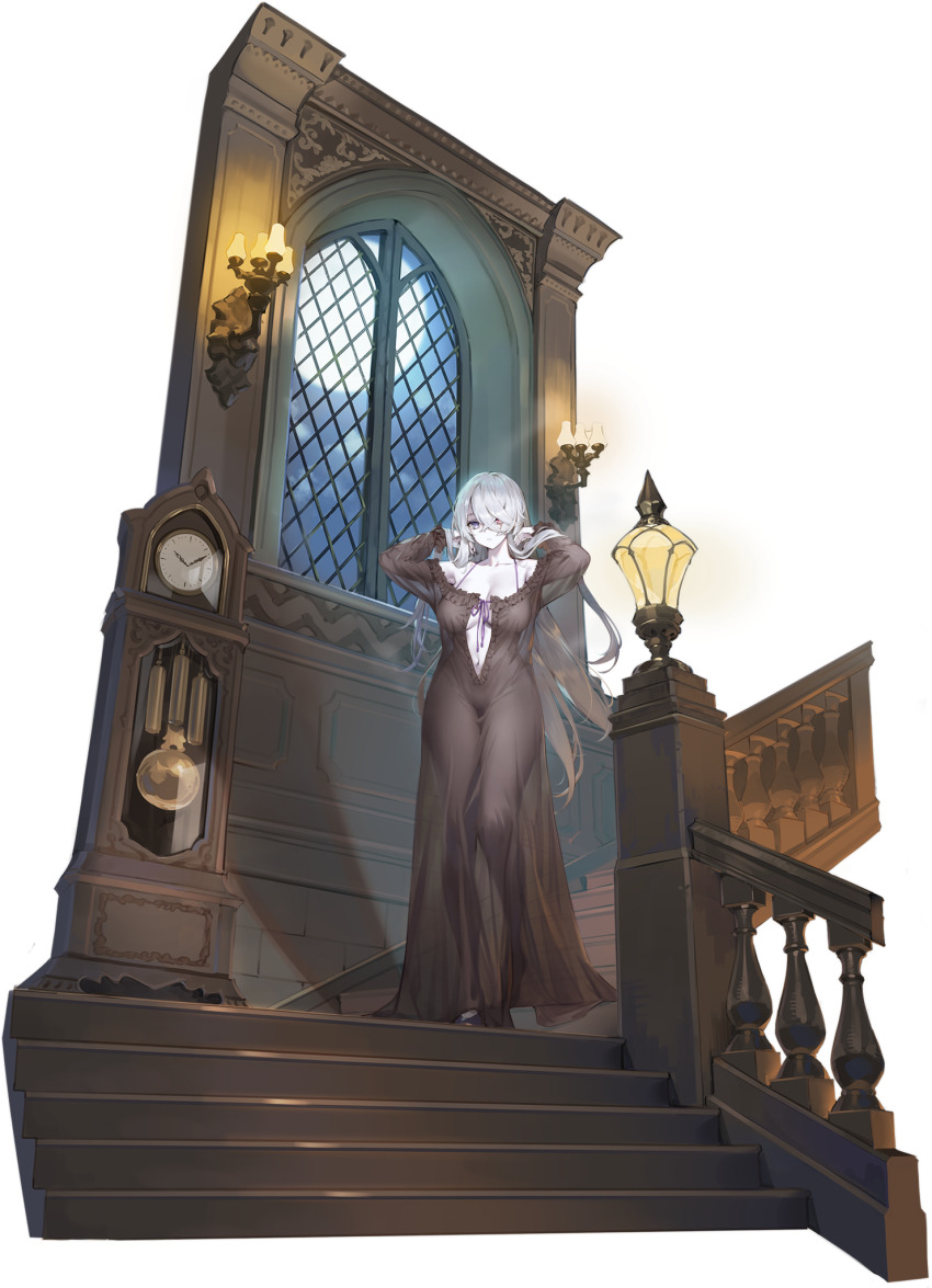 1girl, atelier_(series), atelier_ryza, atelier_ryza_2, azur_lane, black_nails, black_nightgown, blue_eyes, breasts, center_opening, cleavage, clock, colored_skin, crossed_bangs, frilled_nightgown, hair_between_eyes, hands_in_own_hair, heterochromia, highres, indoors, large_breasts, lila_decyrus, lila_decyrus_(moonlit_encounter), long_hair, long_sleeves, nail_polish, navel, night, nightgown, no_nipples, off_shoulder, official_alternate_costume, official_art, pendulum_clock, red_eyes, see-through_silhouette, solo, stairs, very_long_hair, white_hair, white_skin, wide_hips, window, yd_(orange_maru)