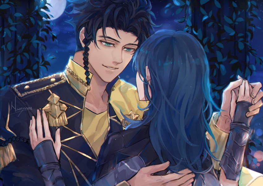 1boy, 1girl, black_hair, black_jacket, blue_hair, braid, female_byleth_(fire_emblem), claude_von_riegan