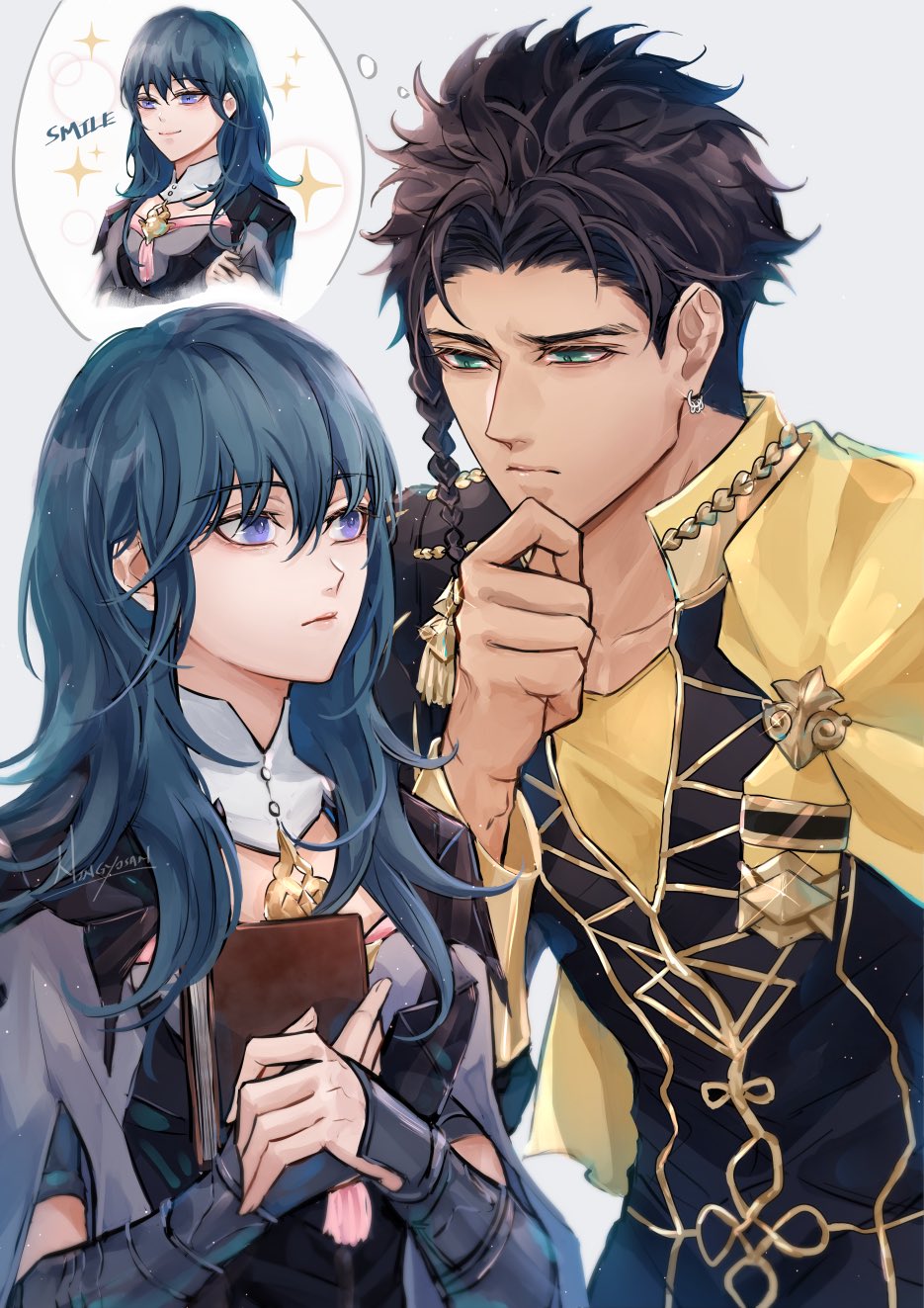 1boy, 1girl, artist_name, black_hair, black_jacket, blue_eyes, blue_hair, book