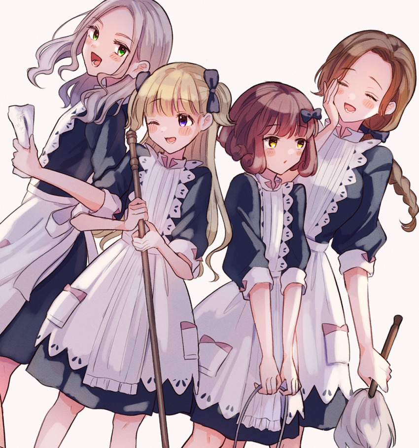 4girls, apron, blonde_hair, blue_bow, blue_dress, blue_eyes, blunt_bangs, blush, bow, braid, braided_ponytail, brown_hair, closed_eyes, dress, emilico_(shadows_house), green_eyes, grey_hair, hair_bow, hair_ornament, hair_ribbon, long_hair, lou_(shadows_house), mametarou_(mameji), medium_hair, mia_(shadows_house), multiple_girls, one_eye_closed, open_mouth, red_hair, ribbon, rosemary_(shadows_house), shadows_house, short_hair, single_braid, smile, two_side_up, white_apron, yellow_eyes
