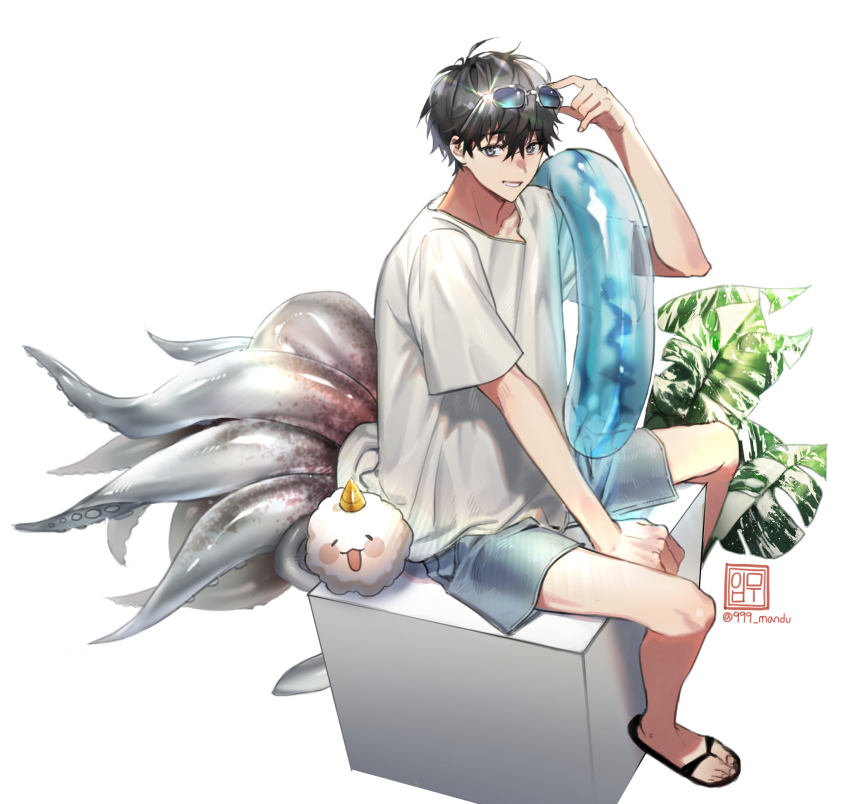 1boy, 999_mandu, alternate_costume, black_hair, black_sandals, blue-tinted_eyewear, commentary_request, creature