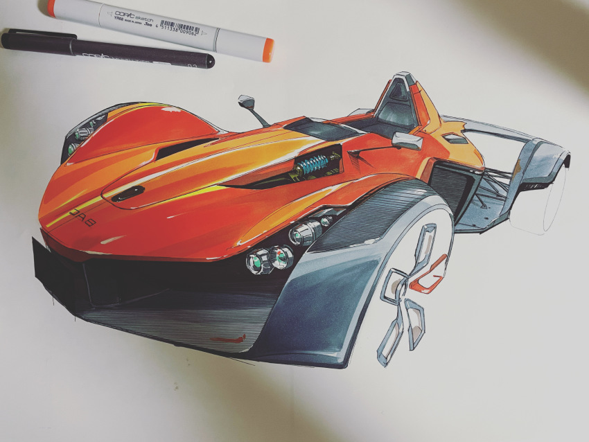 absurdres, art_tools_in_frame, bac_mono, car, highres, marker, marker_(medium), motor_vehicle, no_humans, original, pen, photo_(medium), solo, sports_car, traditional_media, tsu-chan, unfinished, vehicle_focus