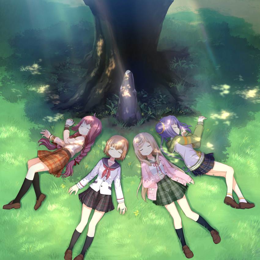 4girls, absurdres, ahoge, album_cover, ankle_socks, aonami_school_uniform, arm_at_side, arms_at_sides