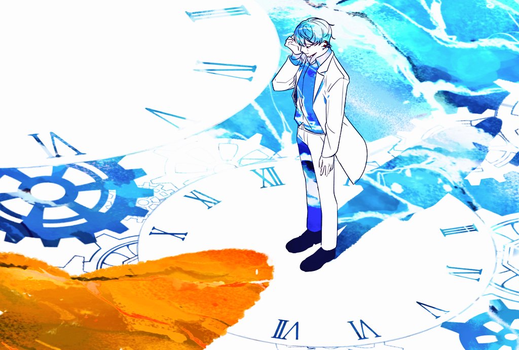 1boy, bad_id, bad_twitter_id, blue_theme, clock, closed_mouth, collared_shirt, commentary