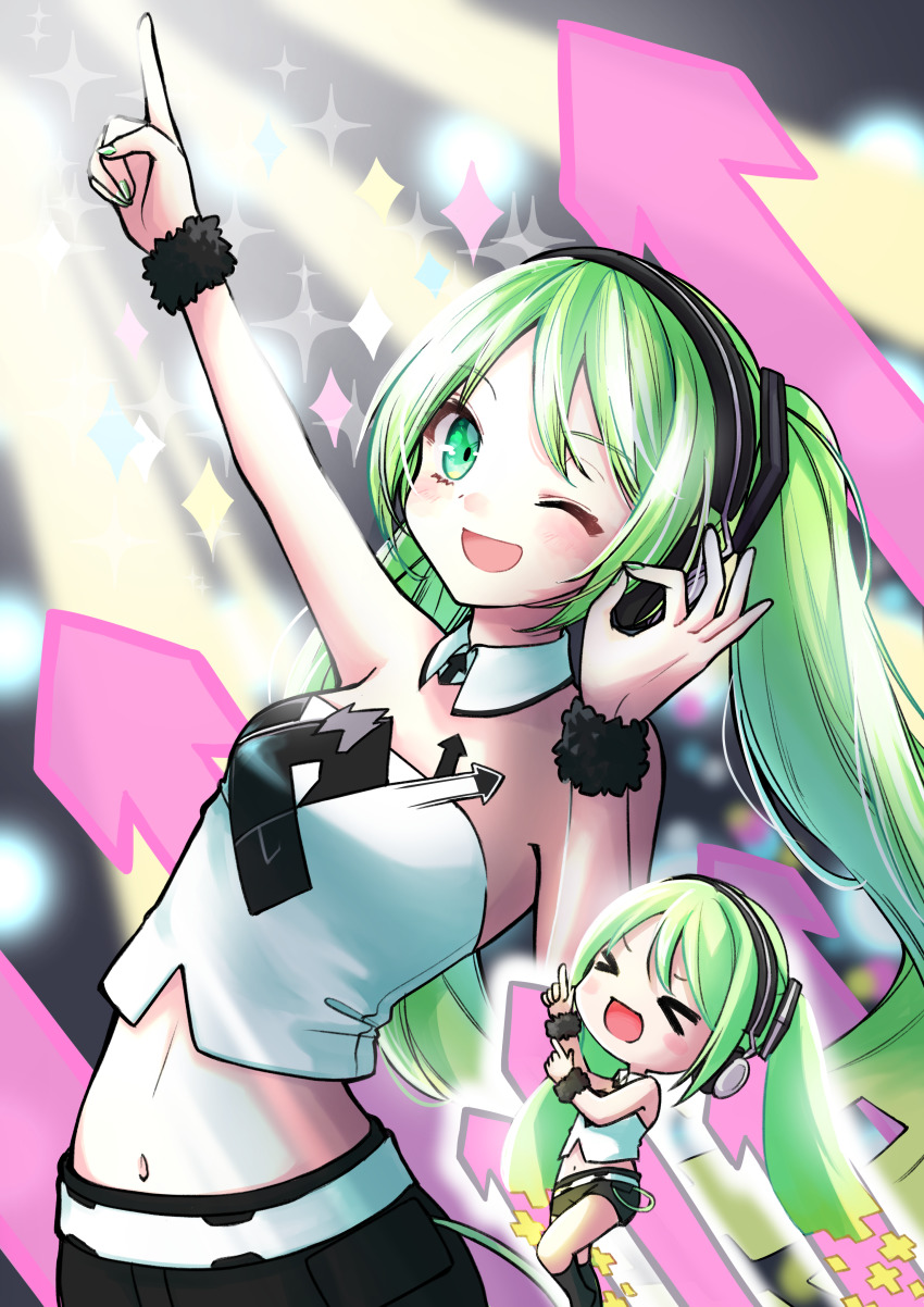 >_<, 1girl, :d, absurdres, ageage_again_(vocaloid), arm_up, arrow_(symbol), belt