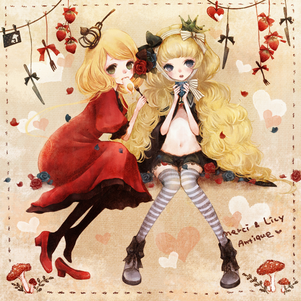 2girls, bad_id, bad_pixiv_id, black_nails, blonde_hair, blue_eyes, blush, bow, crown, cup, dress, eating, flower, food, fork, fruit, green_eyes, hair_flower, hair_ornament, heart, high_heels, lily_antique, long_hair, merci_antique, midriff, multiple_girls, nail_polish, navel, original, ribbon, shindog, shoes, short_hair, shorts, shushu, single_shoe, skirt, strawberry, striped_clothes, striped_legwear, striped_thighhighs, thighhighs