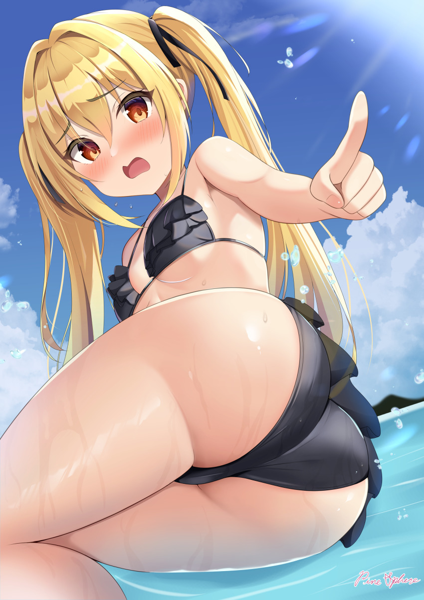 1girl, absurdres, ass, bikini, bikini_skirt, black_bikini, blonde_hair, blue_sky