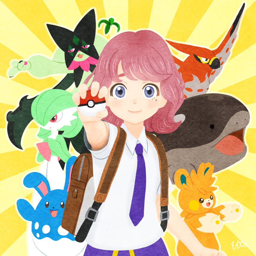 ._., 1other, 2girls, :3, animal_hands, animal_nose, arm_up, arms_up, artist_name, azumarill, backpack, bag, bird, black_eyes, blank_eyes, blue_eyes, blue_necktie, blush, blush_stickers, body_fur, brown_eyes, clodsire, closed_mouth, collared_shirt, colored_skin, drawstring, flat_chest, furry, gardevoir, gen_2_pokemon, gen_3_pokemon, gen_6_pokemon, green_fur, green_hair, green_skin, hair_over_one_eye, half-closed_eyes, hands_on_own_chest, hands_up, happy, highres, holding, holding_poke_ball, juliana_(pokemon), light_blush, looking_at_viewer, medium_hair, meowscarada, mole, mole_under_eye, multicolored_skin, multiple_girls, necktie, nintendo, one_eye_covered, open_mouth, outstretched_arm, outstretched_arms, own_hands_together, pawmot, pawpads, poke_ball, poke_ball_(basic), pokemon, pokemon_(creature), pokemon_scarlet_and_violet, purple_necktie, randoseru, red_eyes, red_hair, shirt, short_hair, short_sleeves, sidelocks, signature, smile, standing, sunburst, sunburst_background, swept_bangs, talonflame, two-tone_skin, upper_body, uta_(pixiv_4699580), white_shirt, white_skin, yellow_background