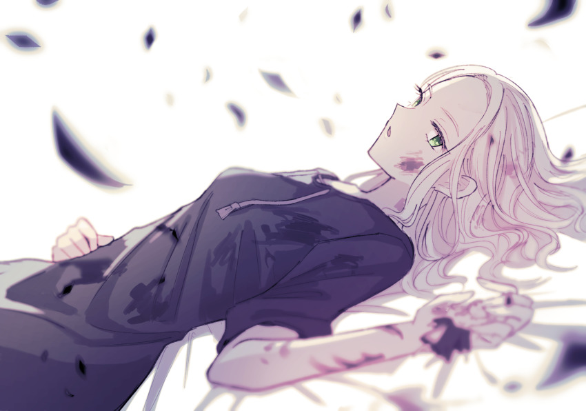 1girl, bed_sheet, blue_dress, breasts, dress, forehead, green_eyes, grey_hair